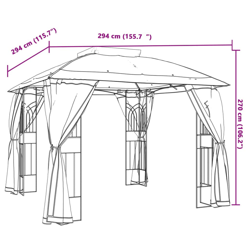 Paviljong Med Dubbelt Tak & Nätväggar 2,94X2,94 M Stål