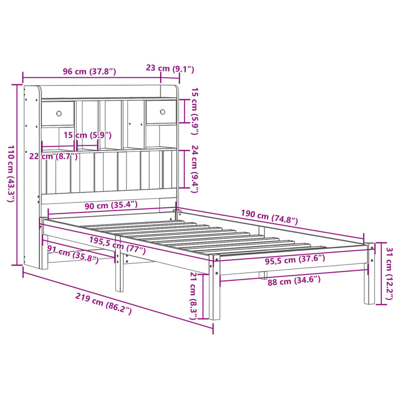 Säng Med Bokhylla Utan Madrass 90X190Cm Massiv Furu