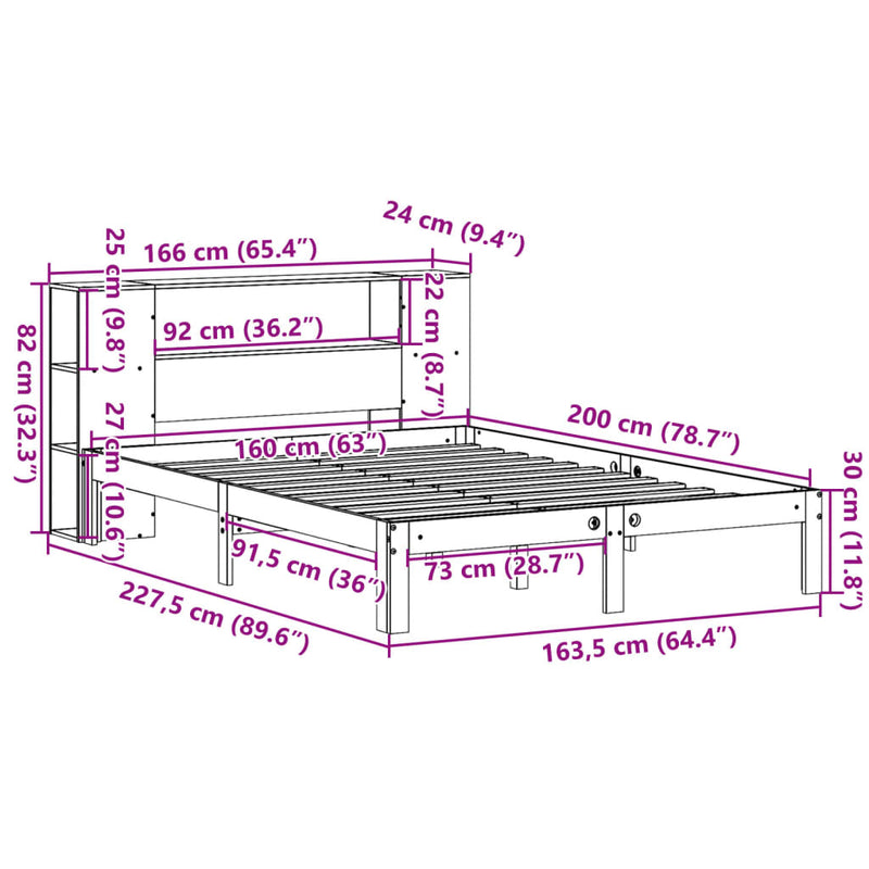 Säng Med Bokhylla Utan Madrass 160X200Cm Massiv Furu