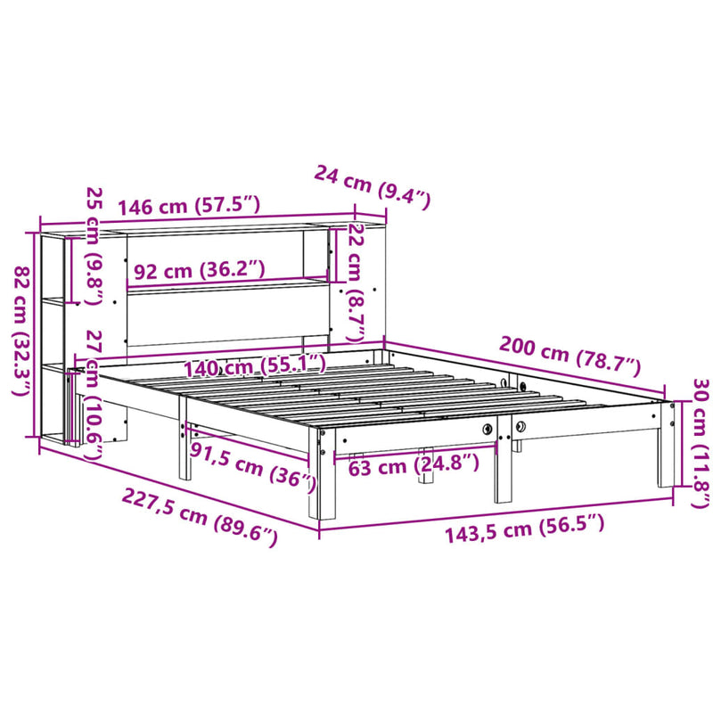 Säng Med Bokhylla Utan Madrass 140X200Cm Massiv Furu