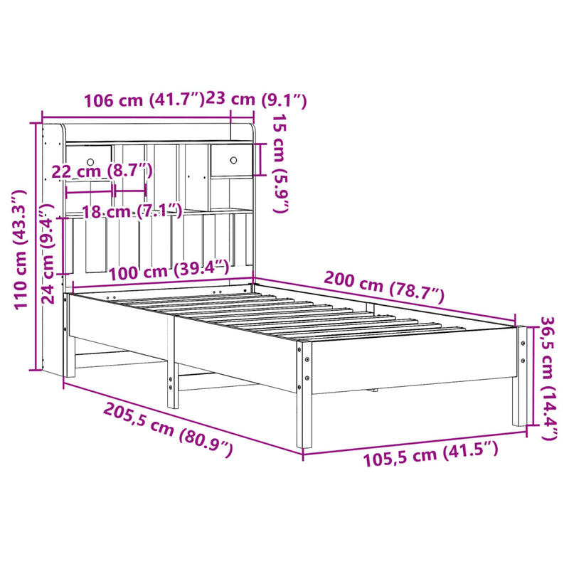 Säng Med Bokhylla Utan Madrass 100X200Cm Massiv Furu