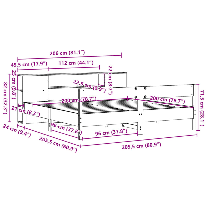 Säng Med Bokhylla Utan Madrass 200X200Cm Massiv Furu