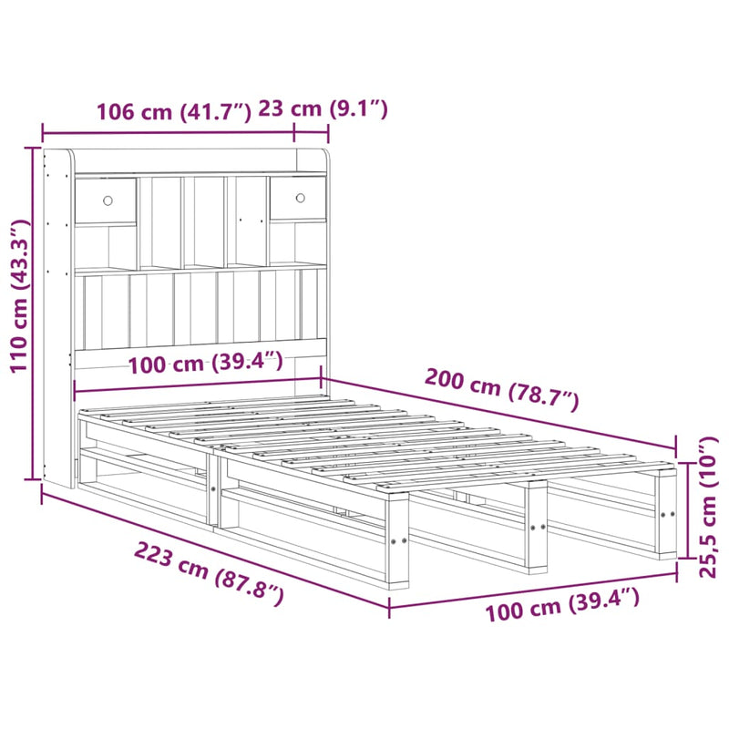 Säng Med Bokhylla Utan Madrass 100X200Cm Massiv Furu